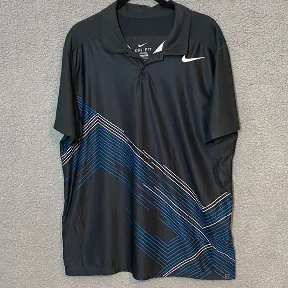 NIKE Tennis Dri-FIt Mens Polo Shirt Black with Blue/White Design Size Large - Picture 2 of 8